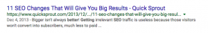 SERP result for the phrase "help me get better SEO results." The top organic result is "11 SEO Changes That Will Give You Big Results - Quick Sprout."