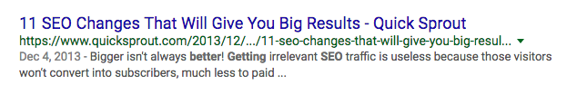 SERP result for the phrase "help me get better SEO results." The top organic result is "11 SEO Changes That Will Give You Big Results - Quick Sprout."